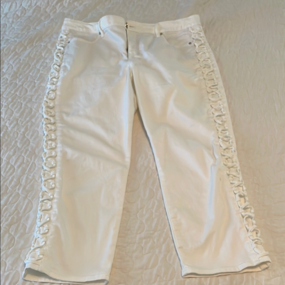 WHBM white high rise denim crops with cross cross detail